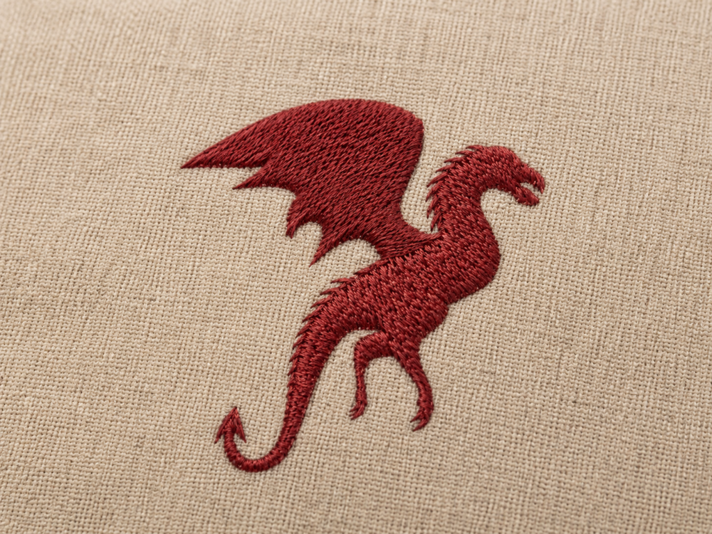 Logo dragon médiéval brodé en fil rouge sur un textile beige.