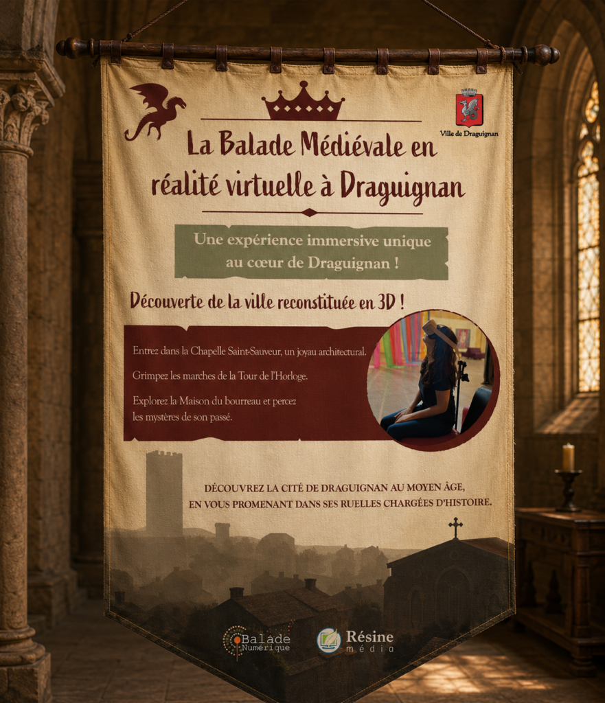 Mockup d’une bannière médiévale suspendue dans une chapelle, présentant le visuel de la Balade Médiévale en réalité virtuelle à Draguignan.