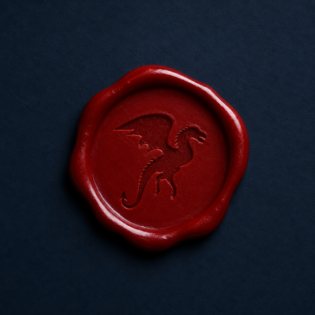 Sceau de cire rouge embossé avec une silhouette de dragon, posé sur un fond bleu sombre texturé.